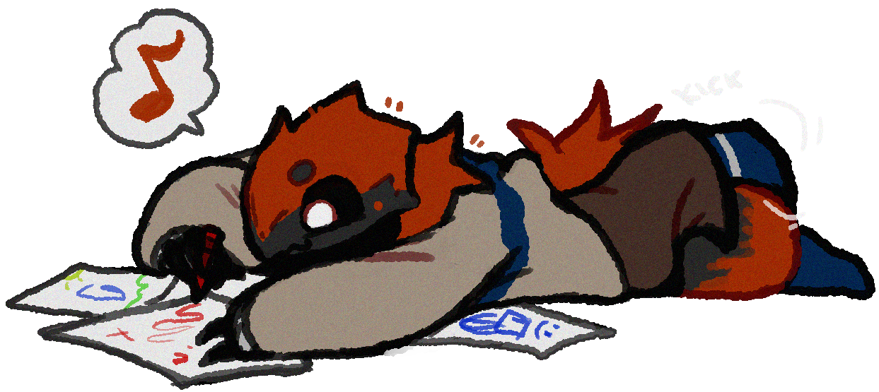 A drawing of Currant, a young anthro velvet ant laying down on his stomach while drawing with crayons.