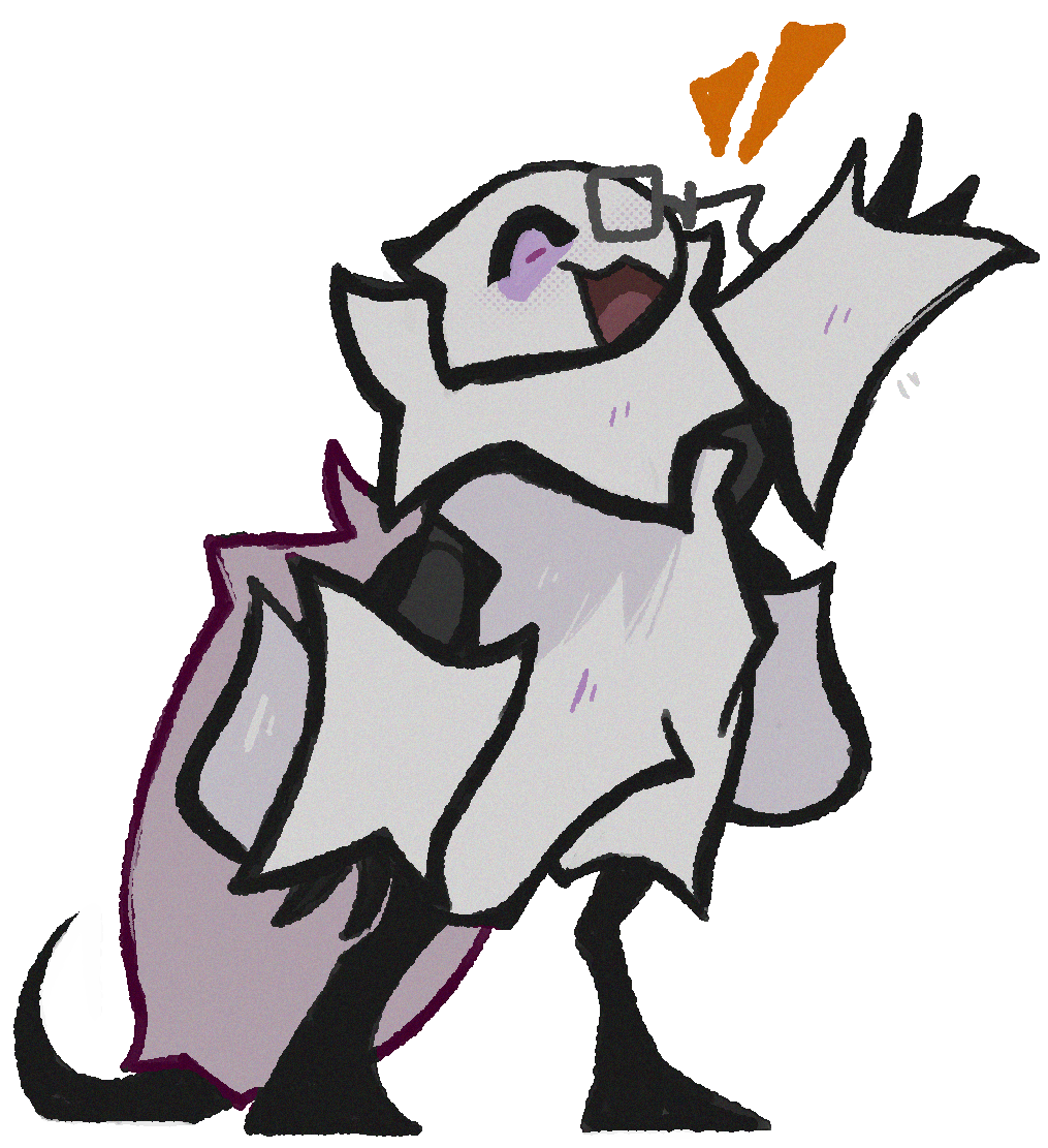 Doc's fursona, a white fluffy thistledown velvet ant, excitedly posing with an arm outstretched